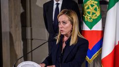 Giorgia Meloni, Fratelli dItalia (Brothers of Italy) leader speaks to the media after being appointed Prime Minister by the Italian President Sergio Mattarella during the second day of consultations at Quirinale Palace, on October 21, 2022 in Rome, Ita...