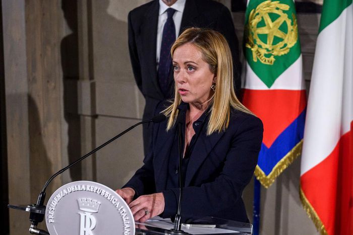 Giorgia Meloni, Fratelli dItalia (Brothers of Italy) leader speaks to the media after being appointed Prime Minister by the Italian President Sergio Mattarella during the second day of consultations at Quirinale Palace, on October 21, 2022 in Rome, Ita...