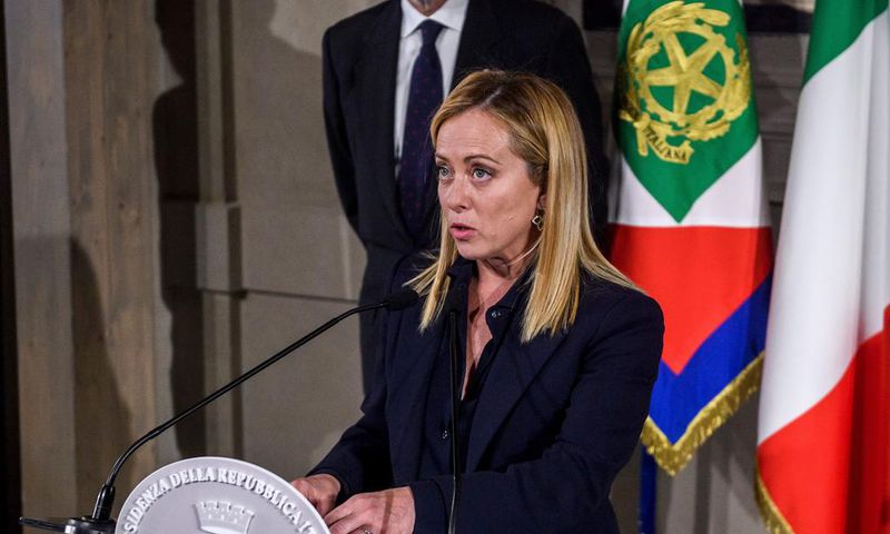 Giorgia Meloni, Fratelli dItalia (Brothers of Italy) leader speaks to the media after being appointed Prime Minister by the Italian President Sergio Mattarella during the second day of consultations at Quirinale Palace, on October 21, 2022 in Rome, Ita...