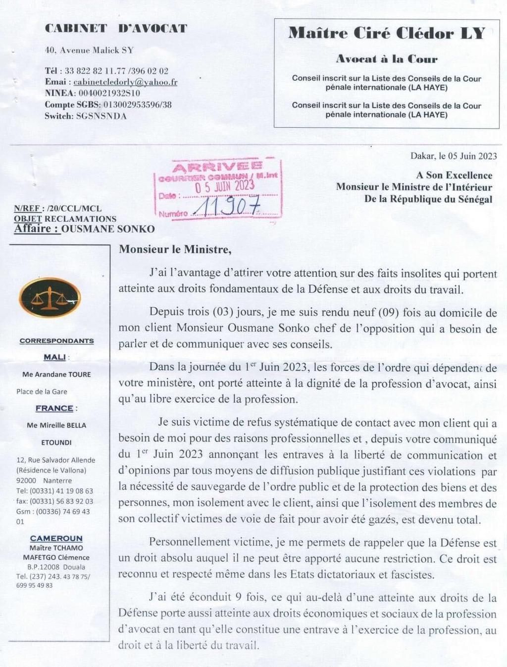 Lettre de Me Ciré Clédor LY