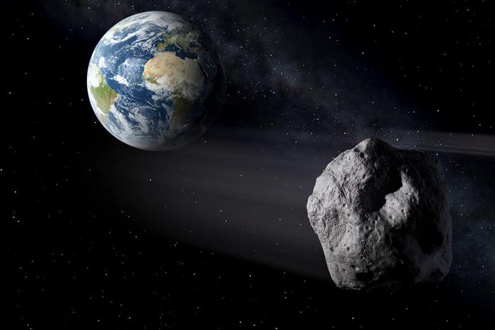 An artist's illustration of asteroids flying by Earth.Peter Carril/ESA