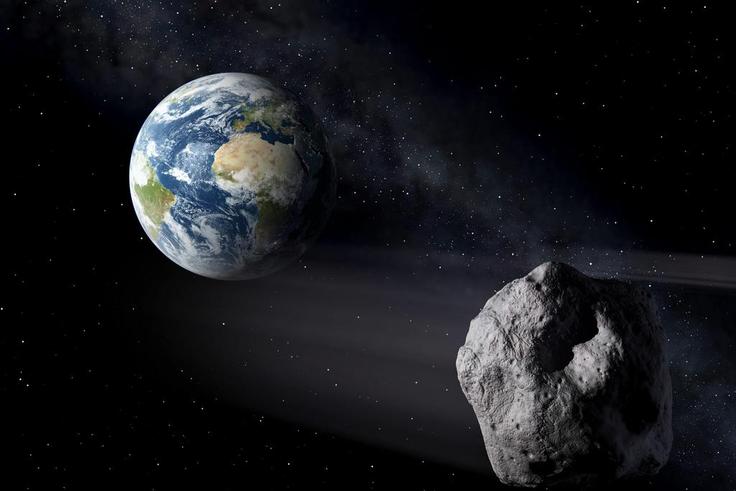 An artist's illustration of asteroids flying by Earth.Peter Carril/ESA