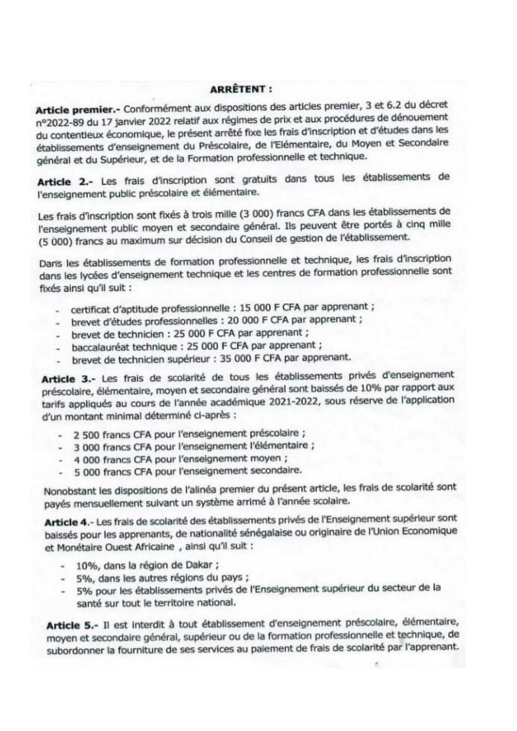 Arrêté fixant la baisse des frais de scolarité