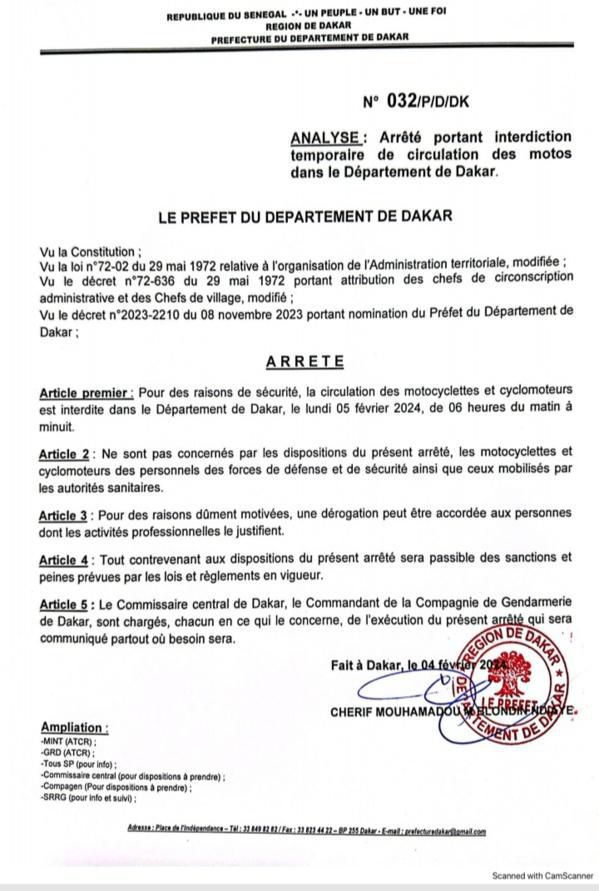 Note du Prefet de Dakar interdisant la circulation des motos