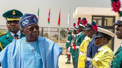 President Bola Tinubu inspects the guard of honour at the 60th anniversary of the Nigerian Defence Academy, Kaduna.  [Twitter:@NDefenceAcademy]