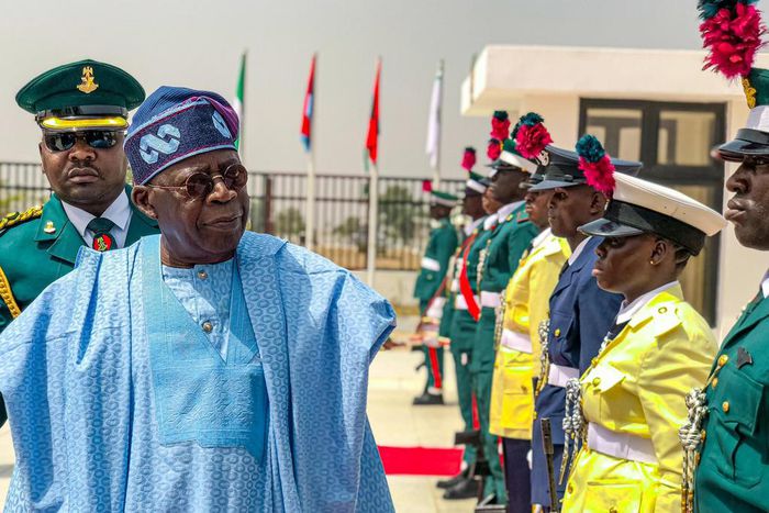 President Bola Tinubu inspects the guard of honour at the 60th anniversary of the Nigerian Defence Academy, Kaduna.  [Twitter:@NDefenceAcademy]