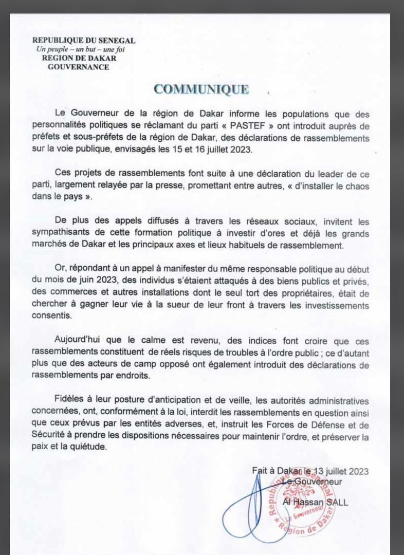 Communiqué Gouverneur