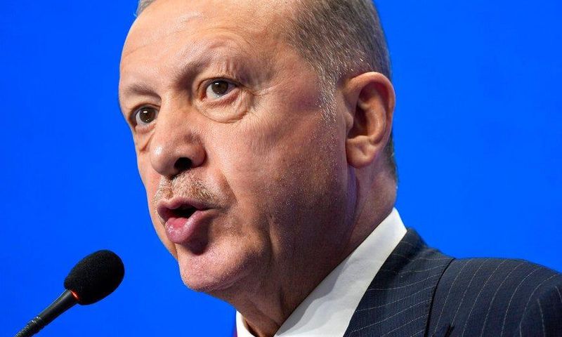 Turkish President Recep Tayyip Erdogan speaks during a media conference at the G20 summit in Rome on October 31, 2021.