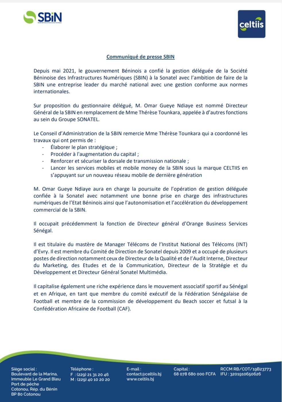 COMMUNIQUE SIBN BENIN