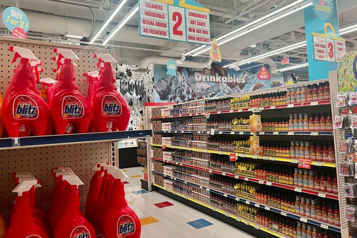 The interactive experience starts in a supermarket with aisles full of fake products like sauces, cereal, medicine, and canned soup.