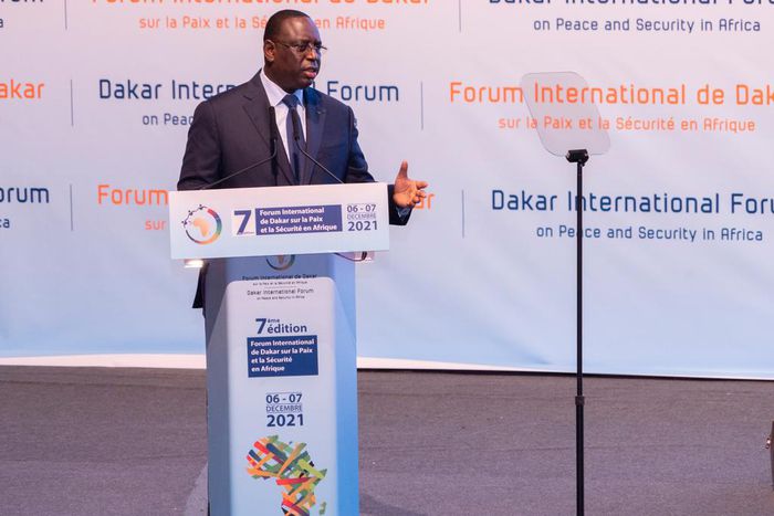 Le président Macky Sall lors de la 7e édition du Forum de la Paix et de la Sécurité en Afrique à Dakar le 6 décembre 2021