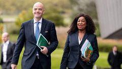 FIFA Secretary General Fatma Samoura, flanked by FIFA President Gianni Infantino