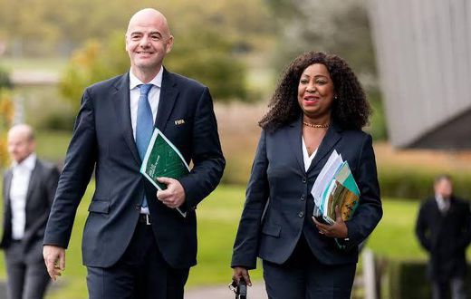 FIFA Secretary General Fatma Samoura, flanked by FIFA President Gianni Infantino