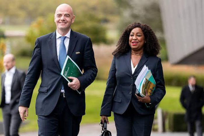 FIFA Secretary General Fatma Samoura, flanked by FIFA President Gianni Infantino