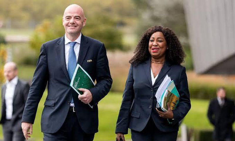 FIFA Secretary General Fatma Samoura, flanked by FIFA President Gianni Infantino