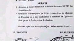 DOCUMENT réintégrant Ousmane Sonko sur les listes électorales