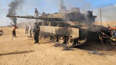 A destroyed Israeli tank in Gaza City, Gaza on October 7, 2023.Hani Alshaer/Anadolu Agency via Getty Images