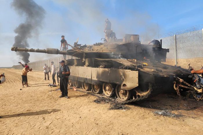 A destroyed Israeli tank in Gaza City, Gaza on October 7, 2023.Hani Alshaer/Anadolu Agency via Getty Images
