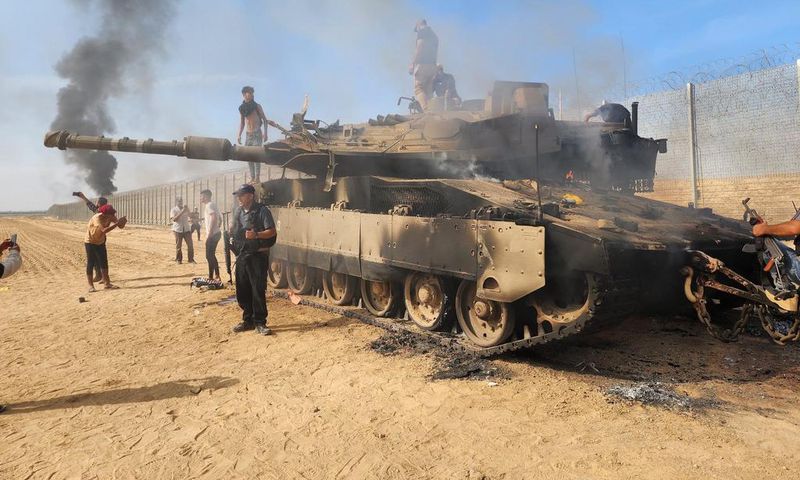 A destroyed Israeli tank in Gaza City, Gaza on October 7, 2023.Hani Alshaer/Anadolu Agency via Getty Images