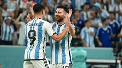 Lionel Messi and Julian Alvarez celebrate the third Argentine goal in the Match between the teams of Argentina vs Croatia, for the semifinal of the World Cup on December 14, 2022.