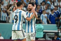 Lionel Messi and Julian Alvarez celebrate the third Argentine goal in the Match between the teams of Argentina vs Croatia, for the semifinal of the World Cup on December 14, 2022.
