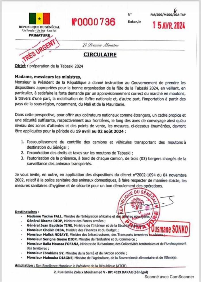 Circulaire pour faciliter l'approvisonnement en mouton