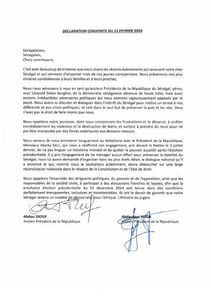 Lettre conjointe Wade et Dioug