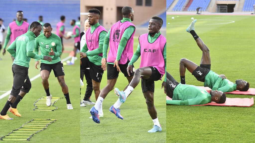 Les-Lions-du-Sénégal-lors-de-leur-première-séance-d'entraînement-à-Marrakech-en-prélude-du-choc-face-aux-Pharaons-d'Egypte,-le-21-mars-2022