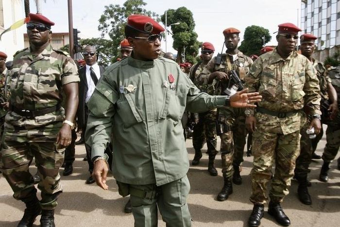 Captain Moussa Dadis Camara (C) at Martyrs Place in Conakry October 2, 2009, during celebrations commemorating the Republic of Guinea's independence day. REUTERS/Luc Gnago