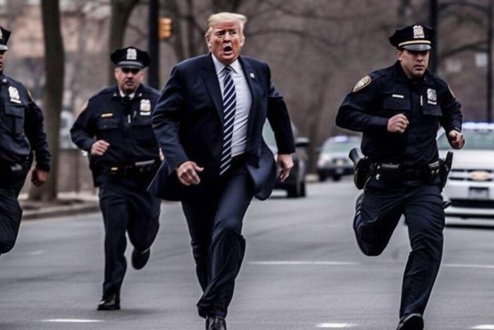 Cette image d'une arrestation fictive de l'ancien président américain Donald Trump a été générée par l'intelligence artificielle Midjourney. /DR