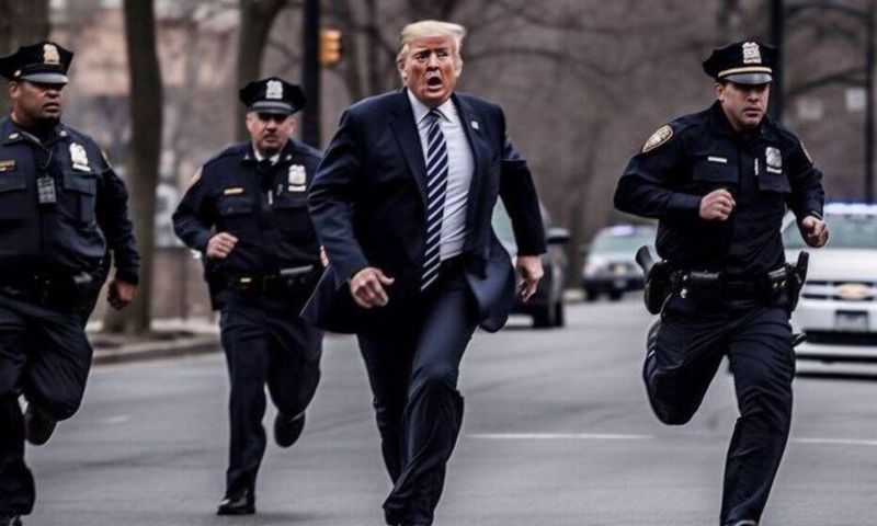 Cette image d'une arrestation fictive de l'ancien président américain Donald Trump a été générée par l'intelligence artificielle Midjourney. /DR