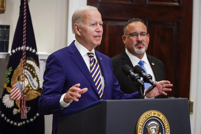 U.S. President Joe Biden, joined by Education Secretary Miguel Cardona, speaks on student loan debt in the Roosevelt Room of the White House August 24, 2022 in Washington, DC.Alex Wong/Getty Images