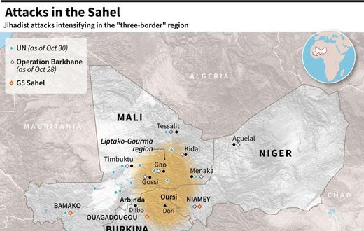 Map of Mali, Niger and Burkina Faso, locating the tri-border region where jihadist attacks have been intensifying