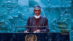 President Muhammadu Buhari at the 77th session of UNGA. [Twitter:@channelstv]