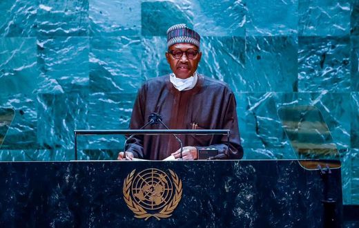 President Muhammadu Buhari at the 77th session of UNGA. [Twitter:@channelstv]