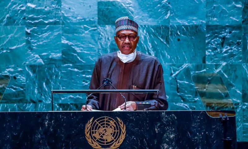 President Muhammadu Buhari at the 77th session of UNGA. [Twitter:@channelstv]