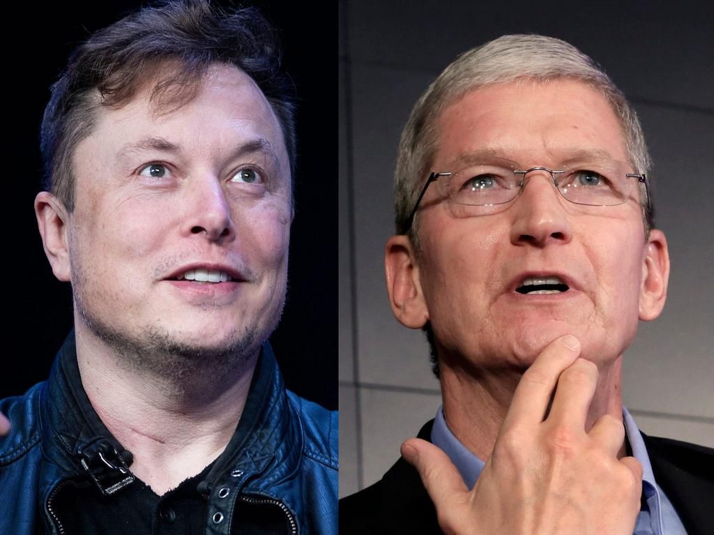 Elon Musk (gauche) et Tim Cook (patron d'Apple).Brendan Smialowski/AFP, Richard Drew/Associated Press.