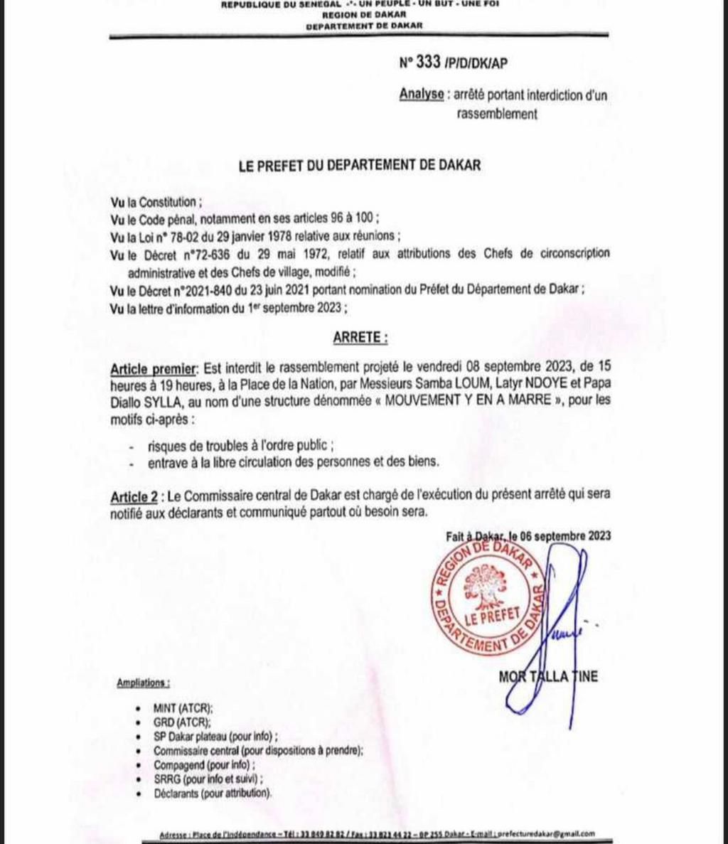 Le Préfet de Dakar interdit la manifestation du F24