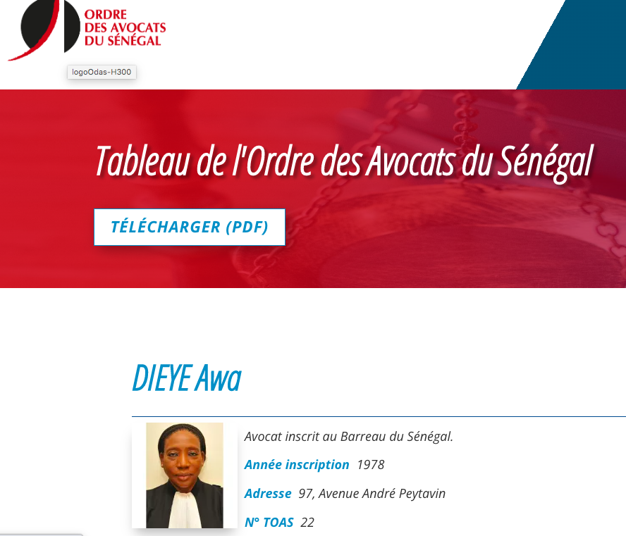 Capture d’écran du site de l'Ordre des Avocats du Sénégal