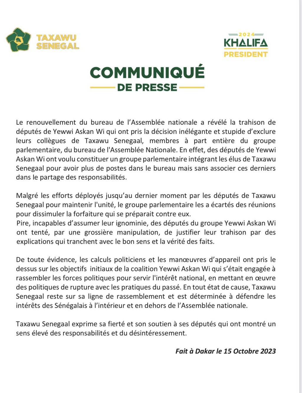 Communiqué Khalifa Sall