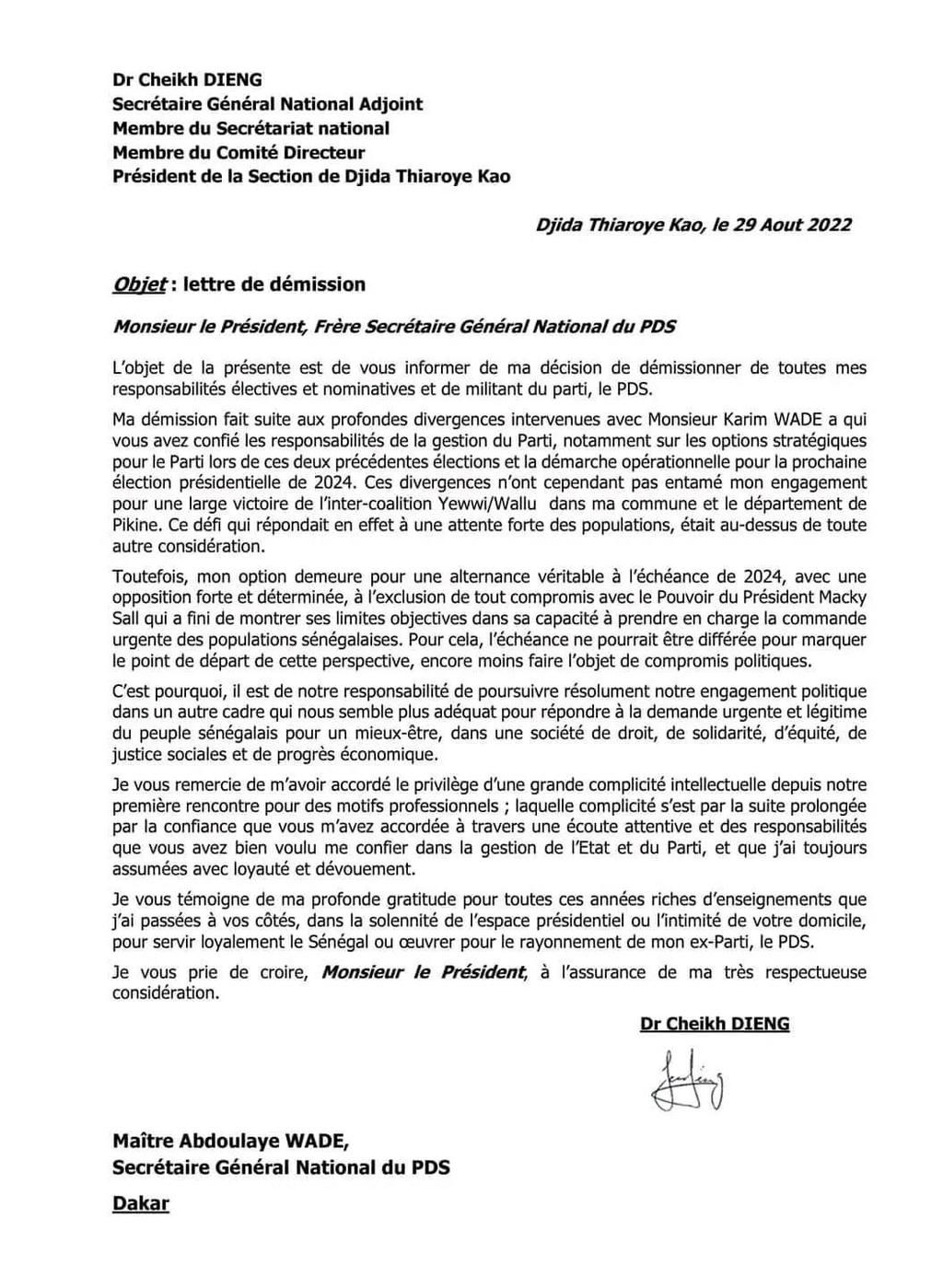 démission de cheikh Dieng Pds