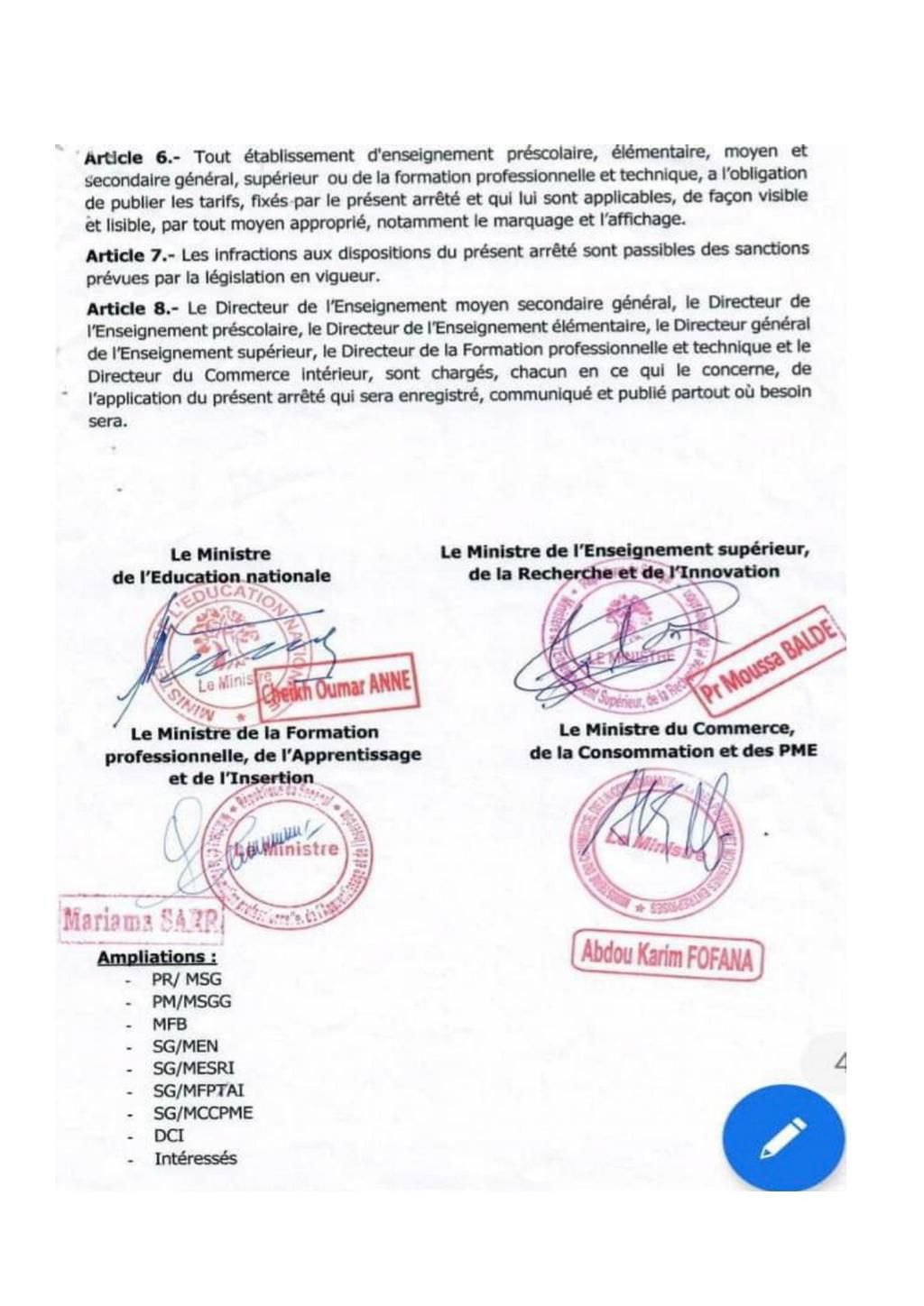 Arrêté fixant la baisse des frais de scolarité