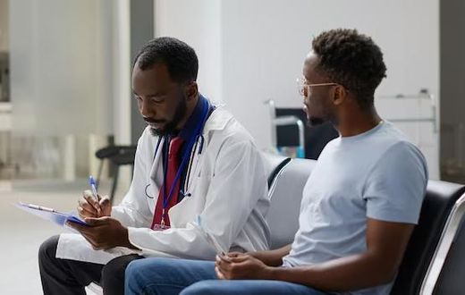 medecin-generaliste-donnant-conseils-assurance-maladie-homme-malade-dans-salle-attente-hopital-parla
