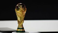 DOHA, QATAR - MARCH 31: The FIFA World Cup Trophy is pictured on display during the 72nd FIFA Congress at the Doha Exhibition and Convention Center on March 31, 2022 in Doha, Qatar. (Photo by Michael Regan - FIFA/FIFA via Getty Images)