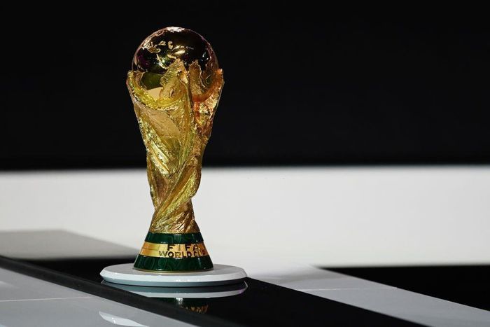 DOHA, QATAR - MARCH 31: The FIFA World Cup Trophy is pictured on display during the 72nd FIFA Congress at the Doha Exhibition and Convention Center on March 31, 2022 in Doha, Qatar. (Photo by Michael Regan - FIFA/FIFA via Getty Images)