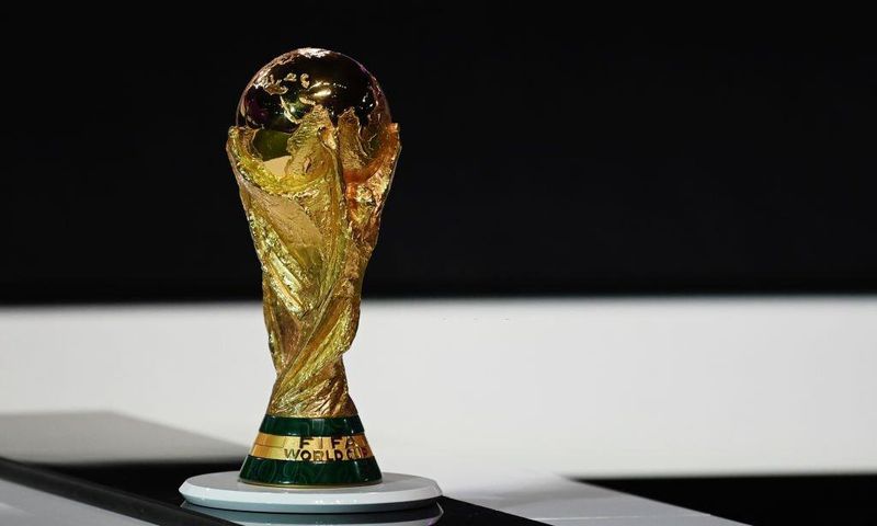 DOHA, QATAR - MARCH 31: The FIFA World Cup Trophy is pictured on display during the 72nd FIFA Congress at the Doha Exhibition and Convention Center on March 31, 2022 in Doha, Qatar. (Photo by Michael Regan - FIFA/FIFA via Getty Images)