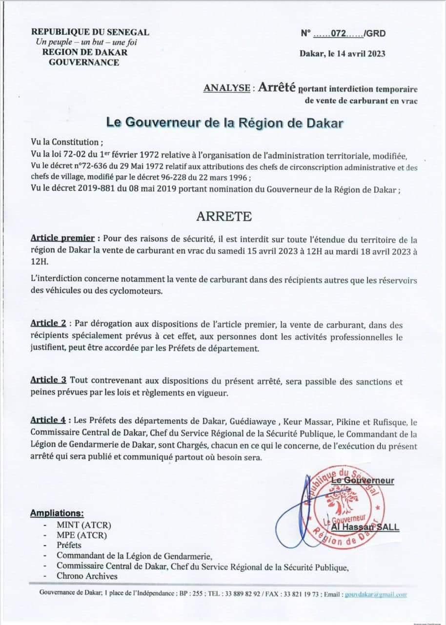 Communiqué du gouverneur