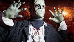 An actor depicting Frankenstein poses in the medieval Frankenstein Castle about 35 kilometers (22 miles) south of Frankfurt, Germany Saturday, Oct. 26, 2019. For 42 years the castle stages spooky Halloween events with monsters and live shows on three w...