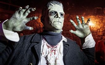 An actor depicting Frankenstein poses in the medieval Frankenstein Castle about 35 kilometers (22 miles) south of Frankfurt, Germany Saturday, Oct. 26, 2019. For 42 years the castle stages spooky Halloween events with monsters and live shows on three w...