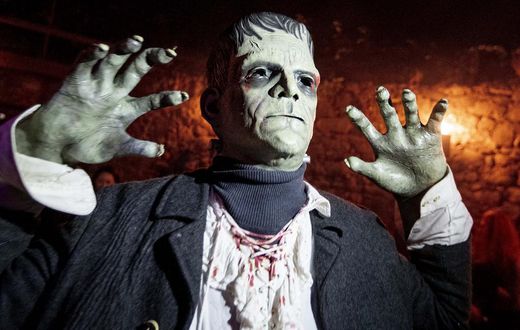 An actor depicting Frankenstein poses in the medieval Frankenstein Castle about 35 kilometers (22 miles) south of Frankfurt, Germany Saturday, Oct. 26, 2019. For 42 years the castle stages spooky Halloween events with monsters and live shows on three w...